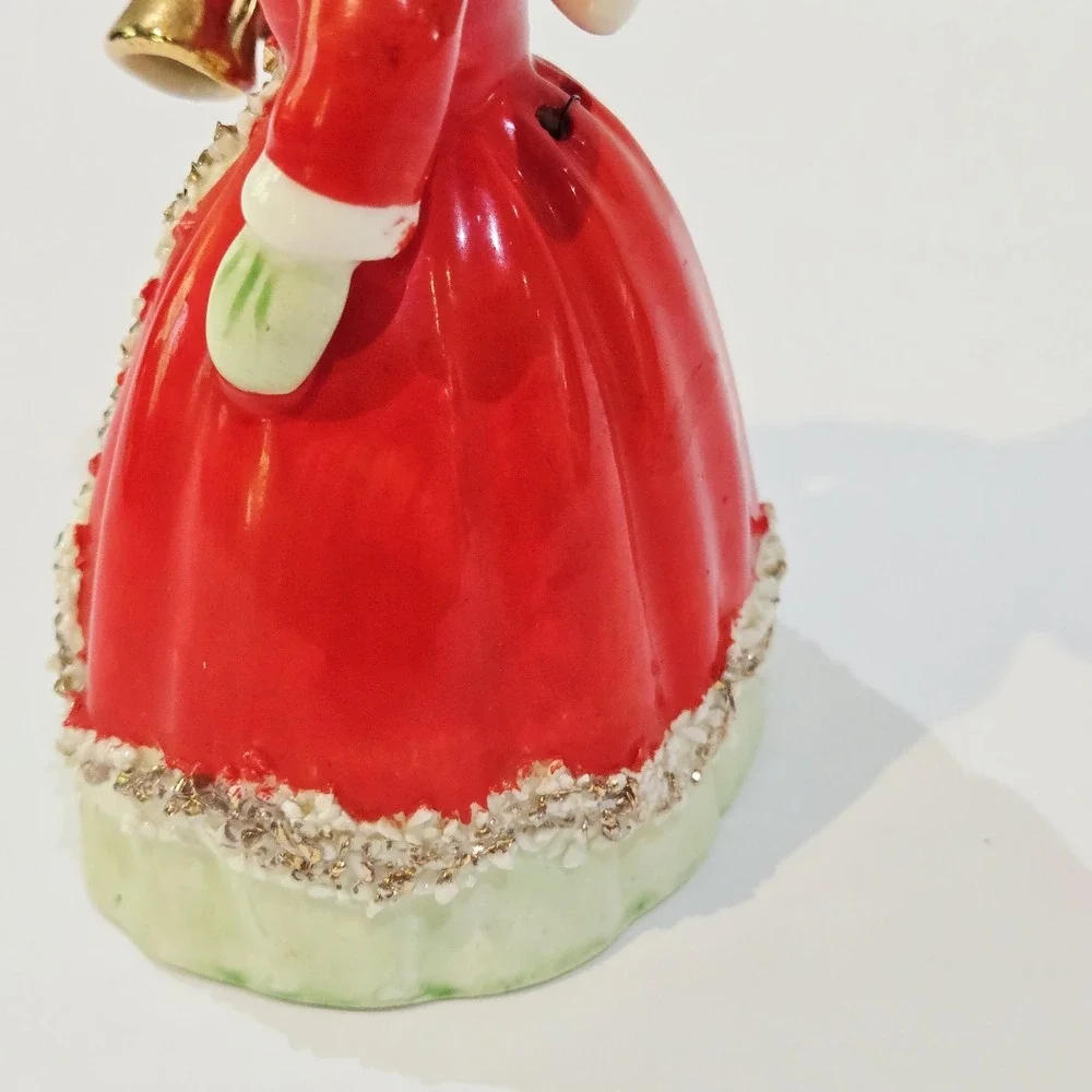 Vintage 1956 NAPCO Spaghetti Trim Christmas Gold Bells Bell Angel Red Dress